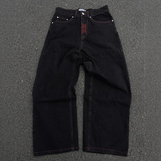 Retro hip - hop goth straight leg loose wide leg skeleton embroidered washed denim jeans for men - 𝐃𝐔𝐕𝐋𝐀𝐒𝐇𝐎𝐏