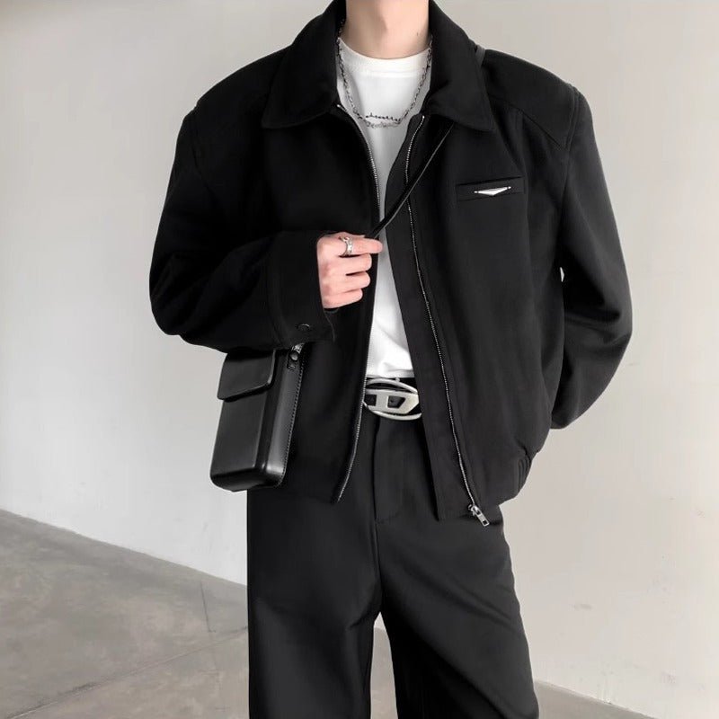 Retro niche metal padded shoulder silhouette zipper woolen coat - 𝐝𝐮𝐯𝐥𝐚𝐬𝐡𝐨𝐩.𝐜𝐨𝐦