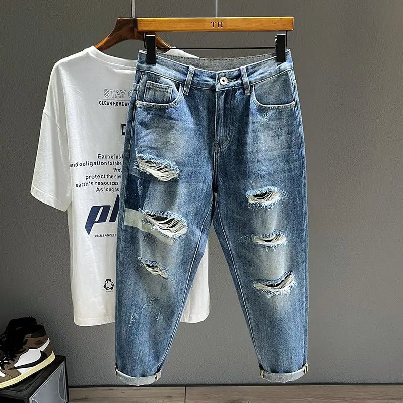 Ripped Jeans Men's Pure Cotton Loose Harem Hole Denim Pants Fashion Hip - hop Rock Streetwear Autumn Ankle Length Trousers - 𝐝𝐮𝐯𝐥𝐚𝐬𝐡𝐨𝐩.𝐜𝐨𝐦
