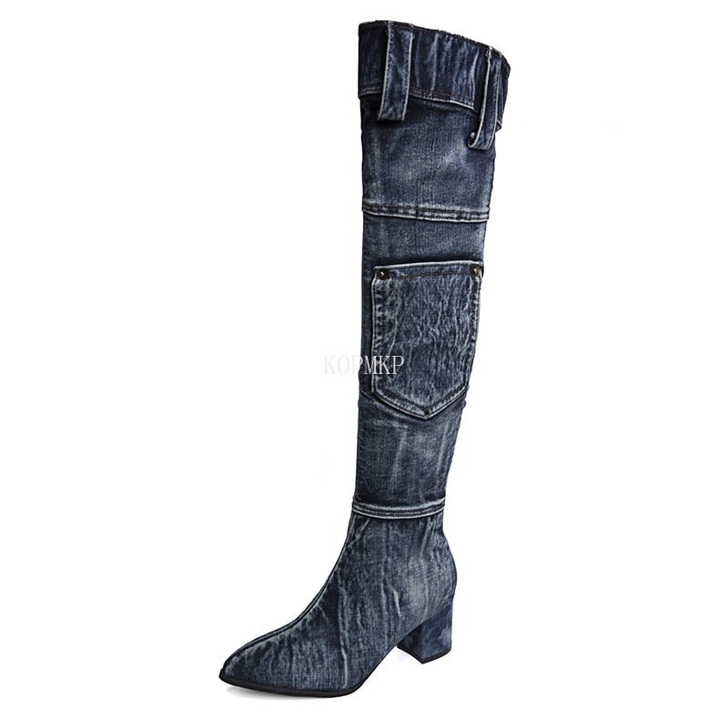 Sexy Jean Boots Women's Knee - High Boot Zipper 6CM High Heel Woman Stylish Jeans Boots Ladies Denim Boot Female Shoes Cowboy - 𝐝𝐮𝐯𝐥𝐚𝐬𝐡𝐨𝐩.𝐜𝐨𝐦