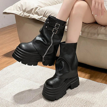 Shoes for Women New Mid - Calf Boots 10CM High Platform Modern Boots Belt Buckle Punk Shoes Female Zip Leather Motorcycle Boots - 𝐃𝐔𝐕𝐋𝐀𝐒𝐇𝐎𝐏