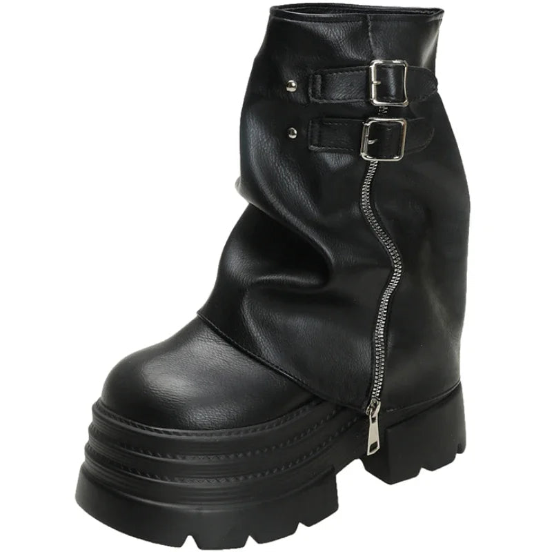 Shoes for Women New Mid - Calf Boots 10CM High Platform Modern Boots Belt Buckle Punk Shoes Female Zip Leather Motorcycle Boots - 𝐃𝐔𝐕𝐋𝐀𝐒𝐇𝐎𝐏