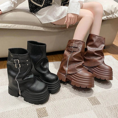 Shoes for Women New Mid - Calf Boots 10CM High Platform Modern Boots Belt Buckle Punk Shoes Female Zip Leather Motorcycle Boots - 𝐃𝐔𝐕𝐋𝐀𝐒𝐇𝐎𝐏