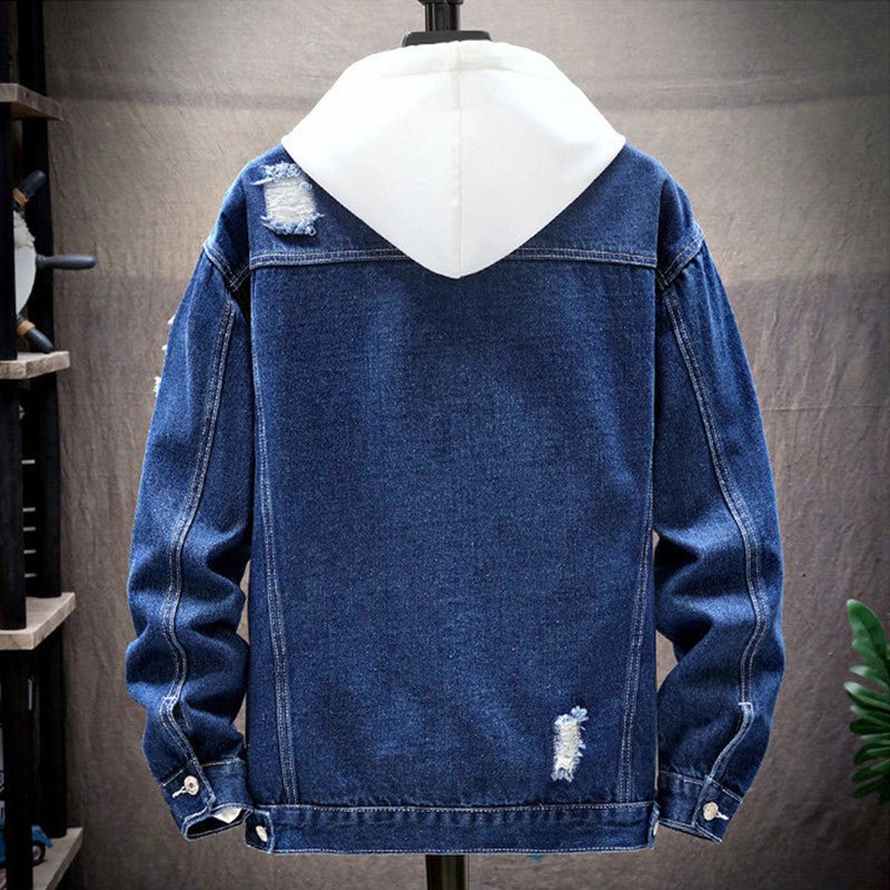 Spring and Autumn Fashion Casual Korean - Style Ripped Men's Denim Jacket, Washed Solid Color Denim Coat - 𝐃𝐔𝐕𝐋𝐀𝐒𝐇𝐎𝐏