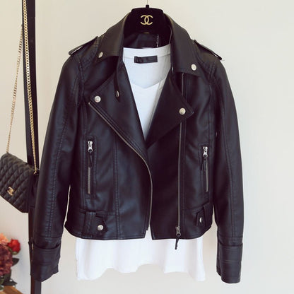 Spring and Autumn fashion women's slim fit lapel motorcycle leather jacket jacket - 𝐃𝐔𝐕𝐋𝐀𝐒𝐇𝐎𝐏