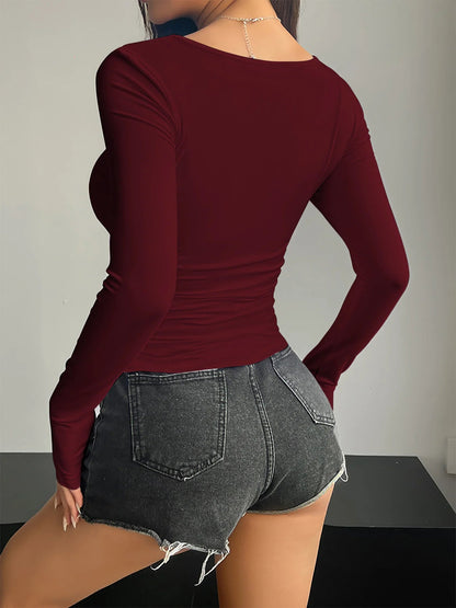 Spring Autumn Wine Red U - Neck Long Sleeve Slim Fit T-Shirt Spicy Girl Style Body Shape Highlighting Top Daily Street Style Versa - 𝐃𝐔𝐕𝐋𝐀𝐒𝐇𝐎𝐏