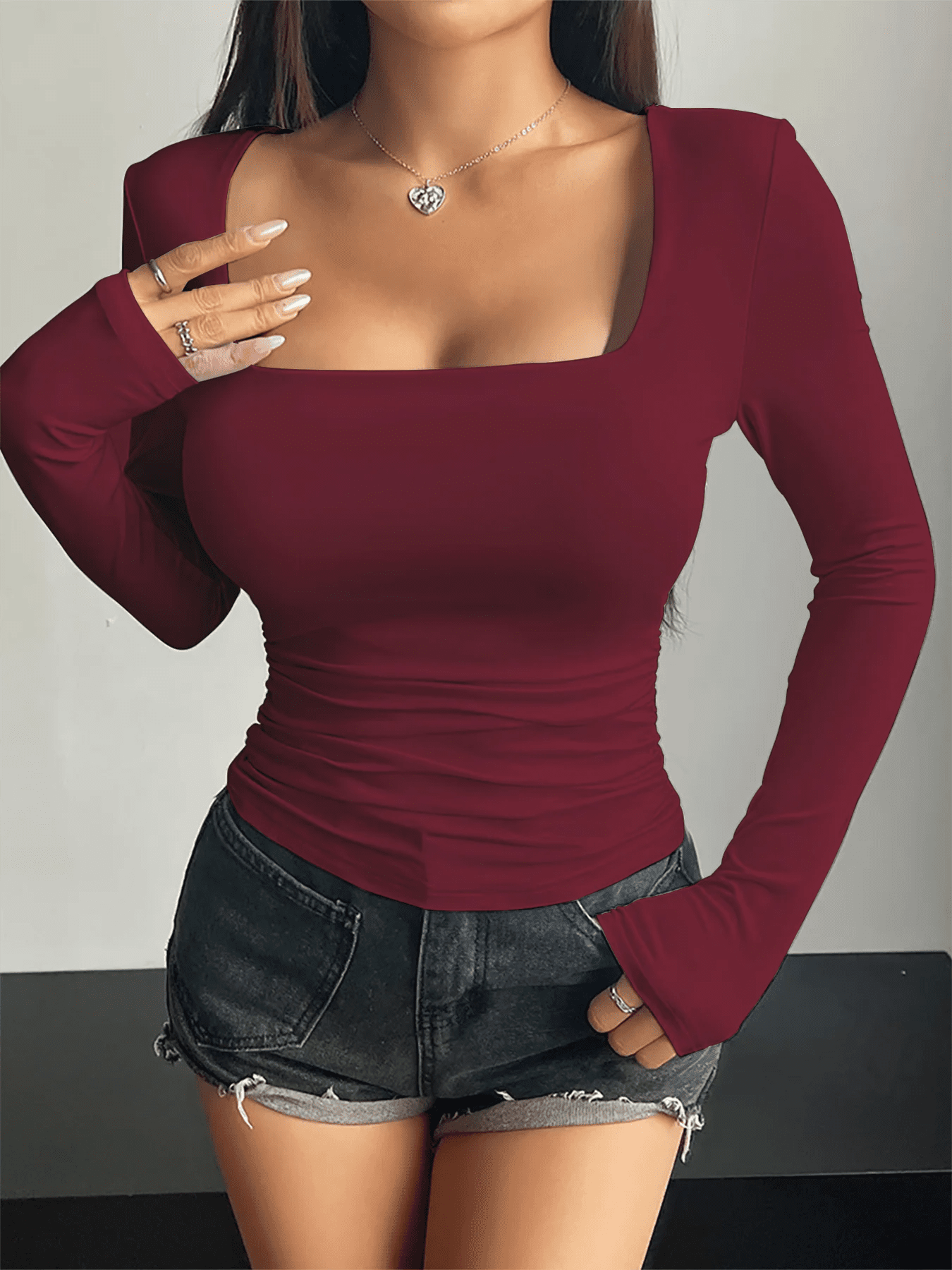 Spring Autumn Wine Red U - Neck Long Sleeve Slim Fit T-Shirt Spicy Girl Style Body Shape Highlighting Top Daily Street Style Versa - 𝐃𝐔𝐕𝐋𝐀𝐒𝐇𝐎𝐏