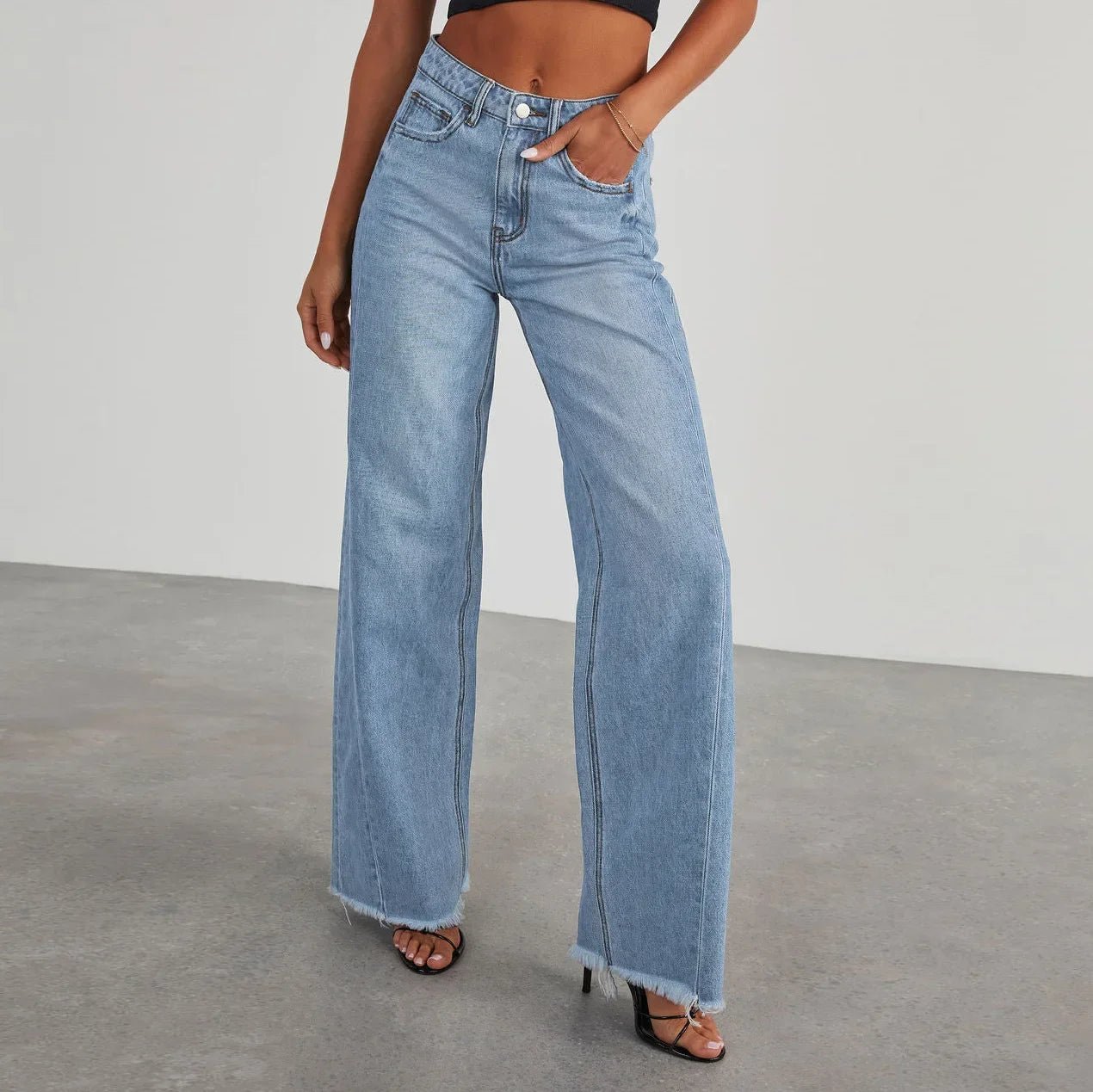 Spring Summer New Women's Clothing Solid Color Loose Wide Leg Side Seam Stitching Frayed Hem Jeans - 𝐝𝐮𝐯𝐥𝐚𝐬𝐡𝐨𝐩.𝐜𝐨𝐦