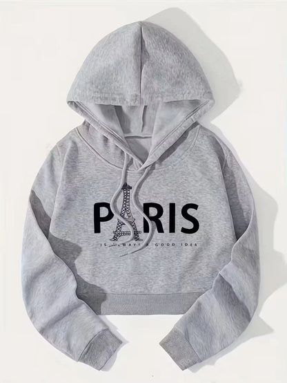Street Style Paris Eiffel Tower Autumn Winter Cropped Sweatshirt Crop Top Hoodie Y2k Sweatshirts Fashion Casual Style Clothes - 𝐃𝐔𝐕𝐋𝐀𝐒𝐇𝐎𝐏