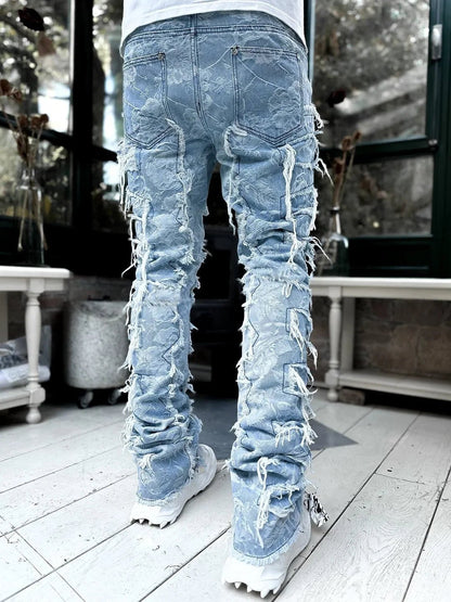 Stretchy Vintage Blue Stacked Jeans For Men Premium Raw Frayed Denim Destroyed Washed Patchworks Pants New - 𝐃𝐔𝐕𝐋𝐀𝐒𝐇𝐎𝐏
