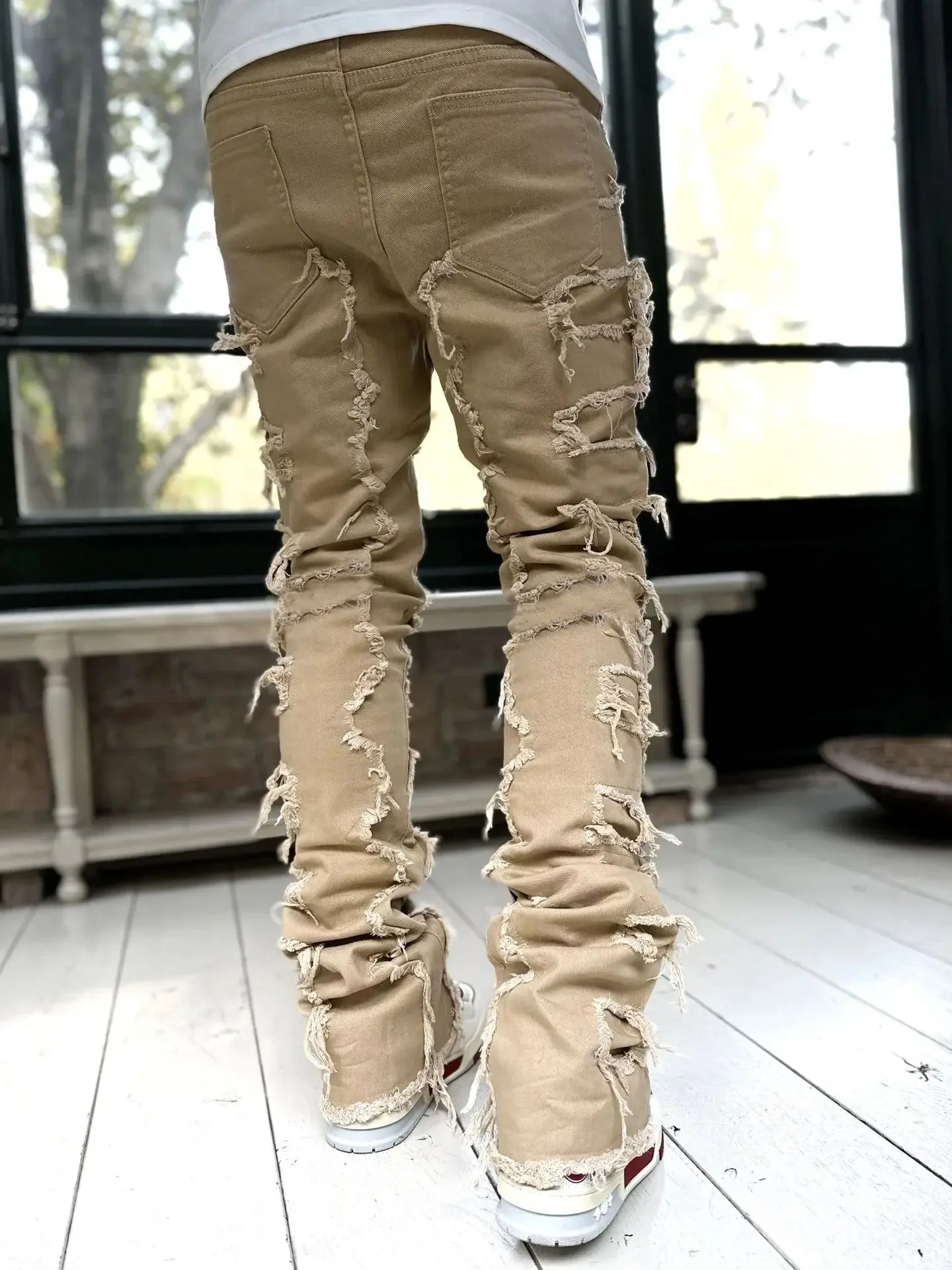 Stretchy Vintage Blue Stacked Jeans For Men Premium Raw Frayed Denim Destroyed Washed Patchworks Pants New - 𝐝𝐮𝐯𝐥𝐚𝐬𝐡𝐨𝐩.𝐜𝐨𝐦