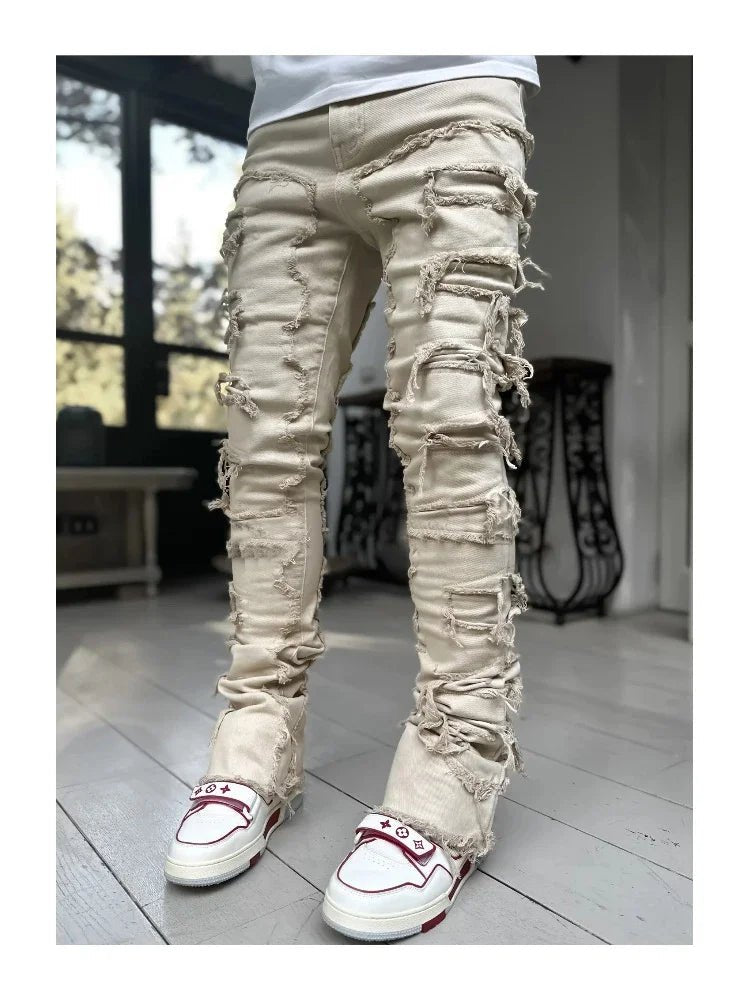 Stretchy Vintage Blue Stacked Jeans For Men Premium Raw Frayed Denim Destroyed Washed Patchworks Pants New - 𝐃𝐔𝐕𝐋𝐀𝐒𝐇𝐎𝐏