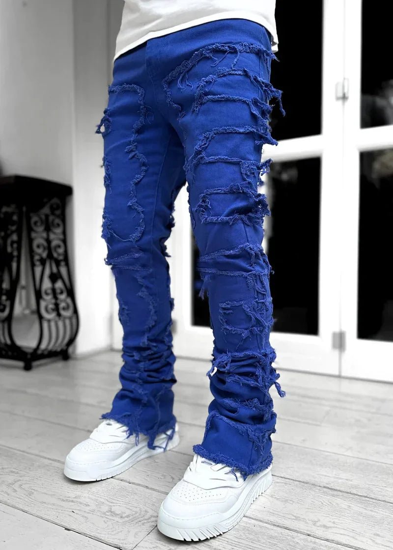 Stretchy Vintage Blue Stacked Jeans For Men Premium Raw Frayed Denim Destroyed Washed Patchworks Pants New - 𝐝𝐮𝐯𝐥𝐚𝐬𝐡𝐨𝐩.𝐜𝐨𝐦