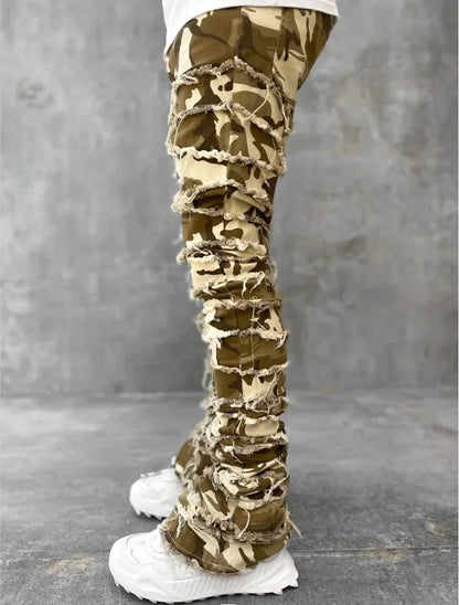 Stretchy Vintage Blue Stacked Jeans For Men Premium Raw Frayed Denim Destroyed Washed Patchworks Pants New - 𝐃𝐔𝐕𝐋𝐀𝐒𝐇𝐎𝐏