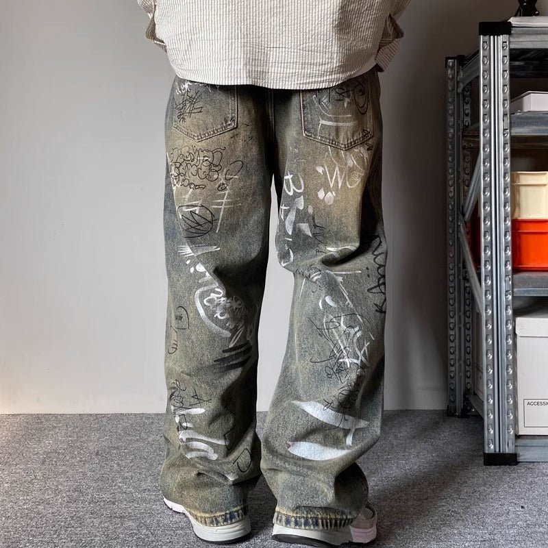 Style Heavyweight High - End Patchwork Design Jeans for Men, Loose Streetwear Wide - Leg Straight Leg Pants, Long Casual - 𝐃𝐔𝐕𝐋𝐀𝐒𝐇𝐎𝐏