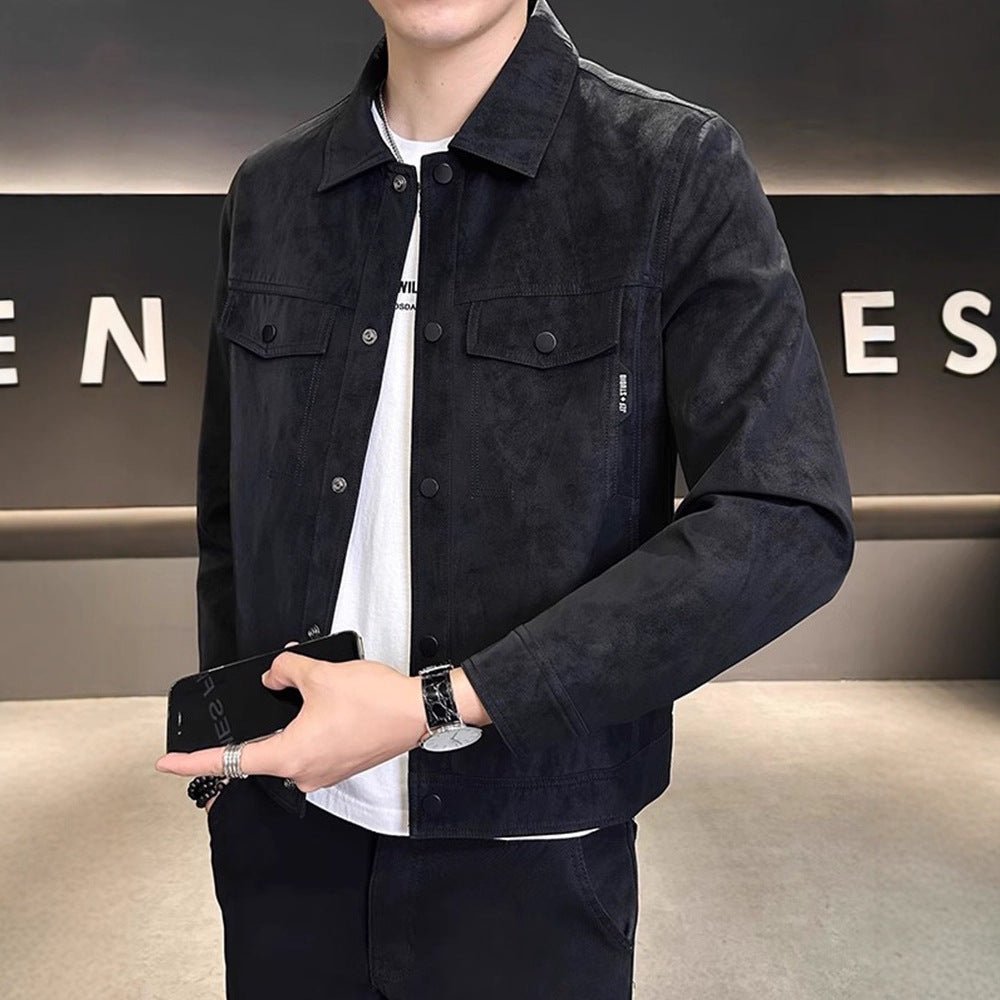 Suede Jacket Men Autumn Winter Fashion Brand Turn - down Collar Slim Fit Trendy Outerwear - 𝐝𝐮𝐯𝐥𝐚𝐬𝐡𝐨𝐩.𝐜𝐨𝐦