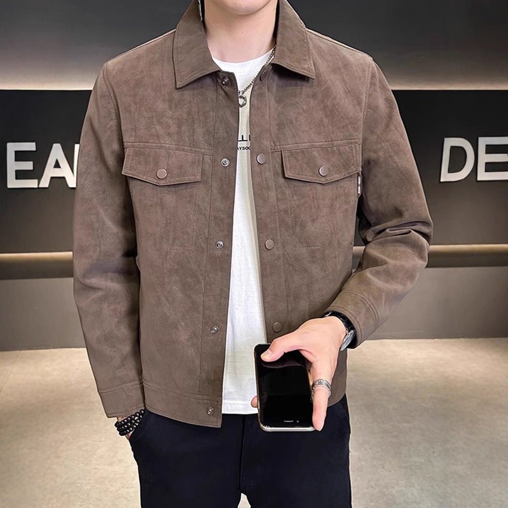 Suede Jacket Men Autumn Winter Fashion Brand Turn - down Collar Slim Fit Trendy Outerwear - 𝐝𝐮𝐯𝐥𝐚𝐬𝐡𝐨𝐩.𝐜𝐨𝐦