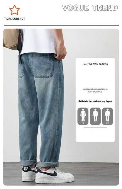 Summer Ice Silk LyocellTencel straight jeans men's light blue retro loose small straight tube elastic denim thin version pants - 𝐝𝐮𝐯𝐥𝐚𝐬𝐡𝐨𝐩.𝐜𝐨𝐦