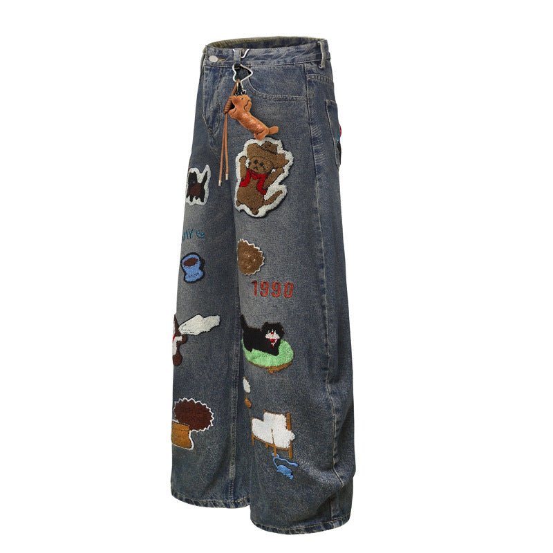 Vintage Cartoon Towel Embroidery Washed Knife - Edge Jeans Men Autumn Pendant Design Loose Wide - Leg Pants - 𝐃𝐔𝐕𝐋𝐀𝐒𝐇𝐎𝐏