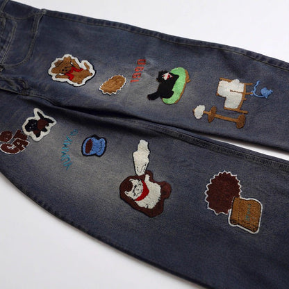 Vintage Cartoon Towel Embroidery Washed Knife - Edge Jeans Men Autumn Pendant Design Loose Wide - Leg Pants - 𝐃𝐔𝐕𝐋𝐀𝐒𝐇𝐎𝐏
