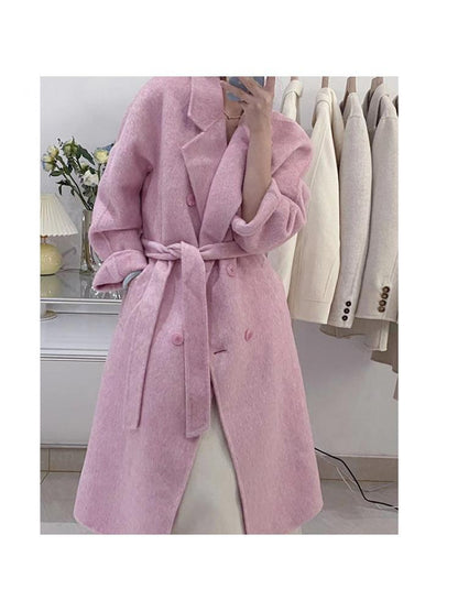 Winter Popular New Long Mulberry Silk Woolen Overcoat Women Double Breasted Lacing Belt Classic Pink Loose Wool Coat Jacket - 𝐃𝐔𝐕𝐋𝐀𝐒𝐇𝐎𝐏