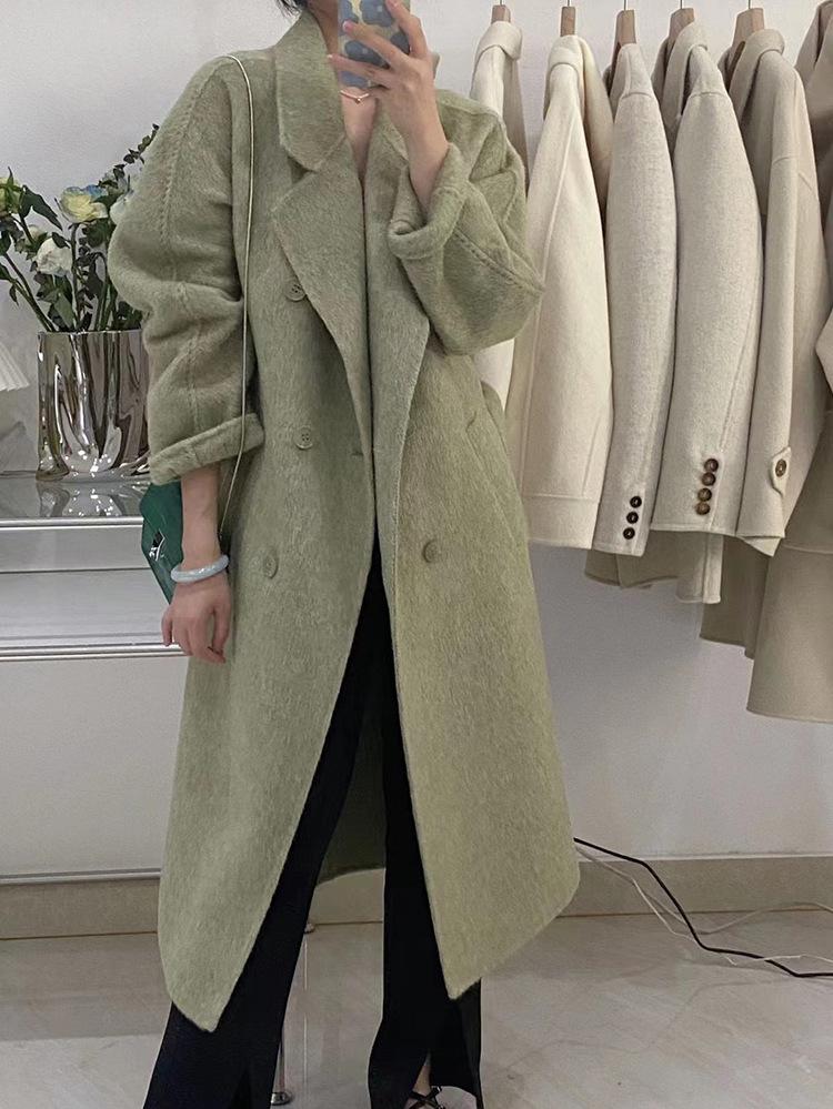 Winter Popular New Long Mulberry Silk Woolen Overcoat Women Double Breasted Lacing Belt Classic Pink Loose Wool Coat Jacket - 𝐃𝐔𝐕𝐋𝐀𝐒𝐇𝐎𝐏
