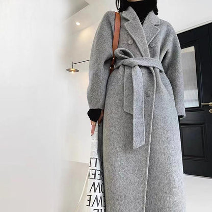 Winter Popular New Long Mulberry Silk Woolen Overcoat Women Double Breasted Lacing Belt Classic Pink Loose Wool Coat Jacket - 𝐃𝐔𝐕𝐋𝐀𝐒𝐇𝐎𝐏