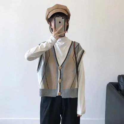 Women Clothing Vintage Argyle Knitted Sweater Vest Y2K Casual V Neck Loose All Match Waistcoat Simple Sleeveless Button Cardigan - 𝐝𝐮𝐯𝐥𝐚𝐬𝐡𝐨𝐩.𝐜𝐨𝐦