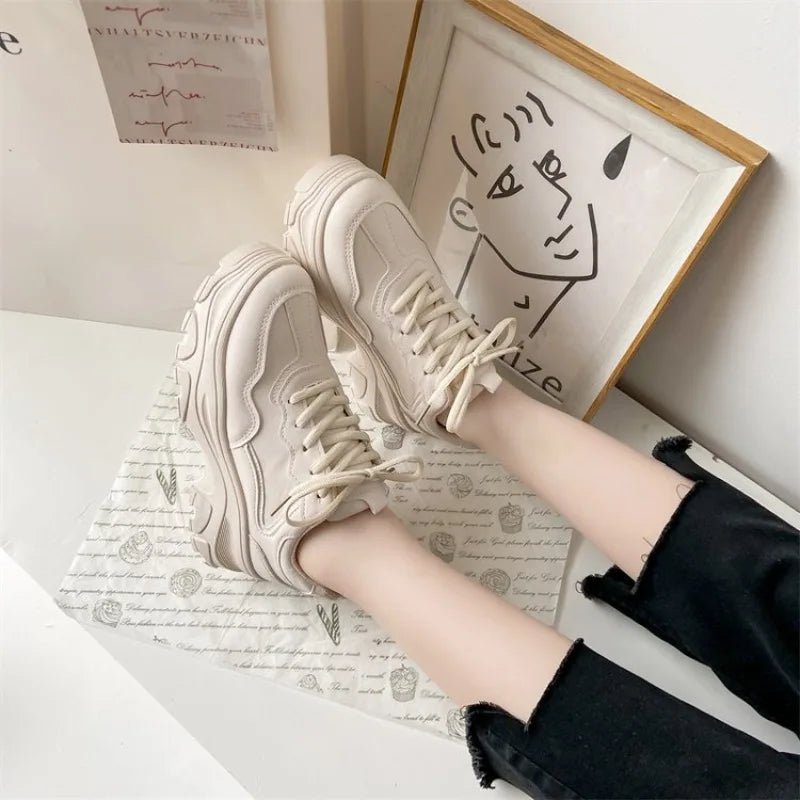 Women Leather Flat Shoes Autumn Fashion Lace Up Casual Fashion Thick Soled Breathable Inner Heightening Round Toe White Sneakers - 𝐃𝐔𝐕𝐋𝐀𝐒𝐇𝐎𝐏