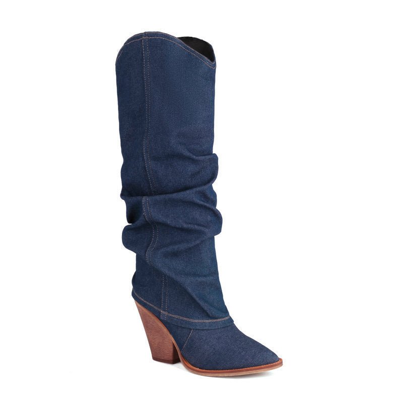 Women's autumn winter retro western cowboy pointed boots thick heel high knight boots - 𝐝𝐮𝐯𝐥𝐚𝐬𝐡𝐨𝐩.𝐜𝐨𝐦