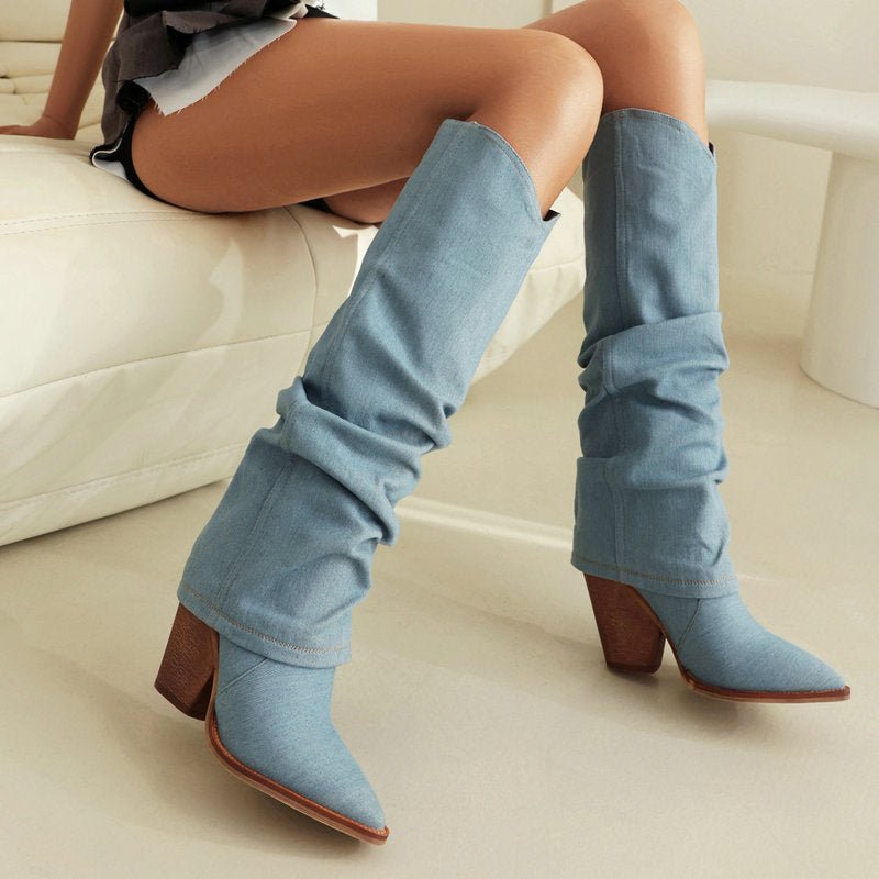 Women's autumn winter retro western cowboy pointed boots thick heel high knight boots - 𝐝𝐮𝐯𝐥𝐚𝐬𝐡𝐨𝐩.𝐜𝐨𝐦