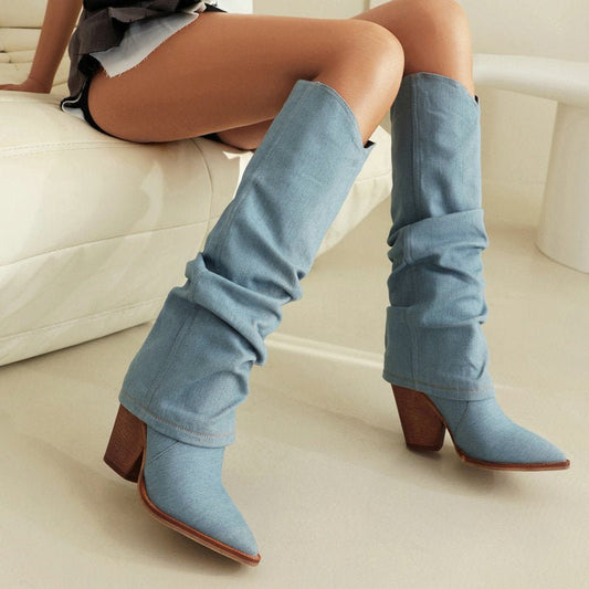 Women's autumn winter retro western cowboy pointed boots thick heel high knight boots - 𝐝𝐮𝐯𝐥𝐚𝐬𝐡𝐨𝐩.𝐜𝐨𝐦