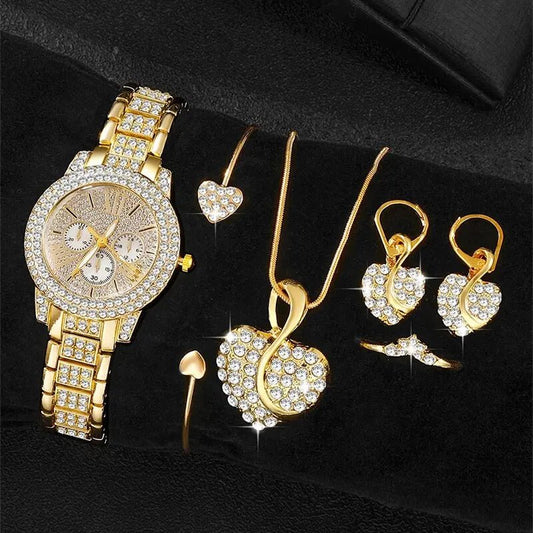 Women's Quartz Watch Gold Luxury Women Ring Necklace Earring Rhinestone Fashion Wristwatch Casual Ladies Watches Jewelry Set - 𝐝𝐮𝐯𝐥𝐚𝐬𝐡𝐨𝐩.𝐜𝐨𝐦